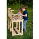 TollesfürKinder Matschküche aus Holz, unbehandelte, vollmassive Garten Kinderküche, Durchlass für Gartenschlauch, mit Wasserspender und 5 Edelstahl Schüsseln, Nachhaltig, ca 80x40x94cm